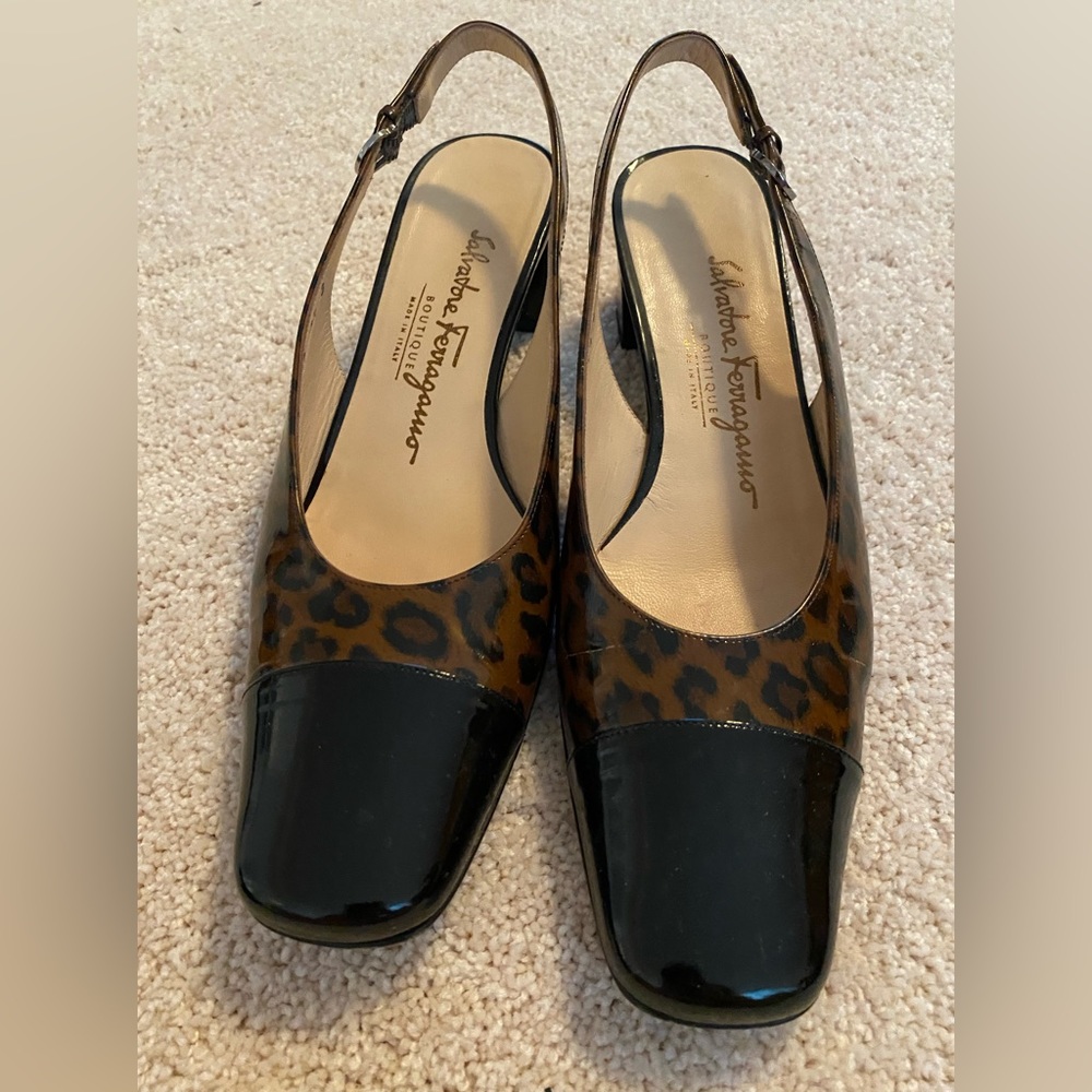 Size 7.5 Ferragamo Heels. Cheetah print with solid black toe. Gently worn.